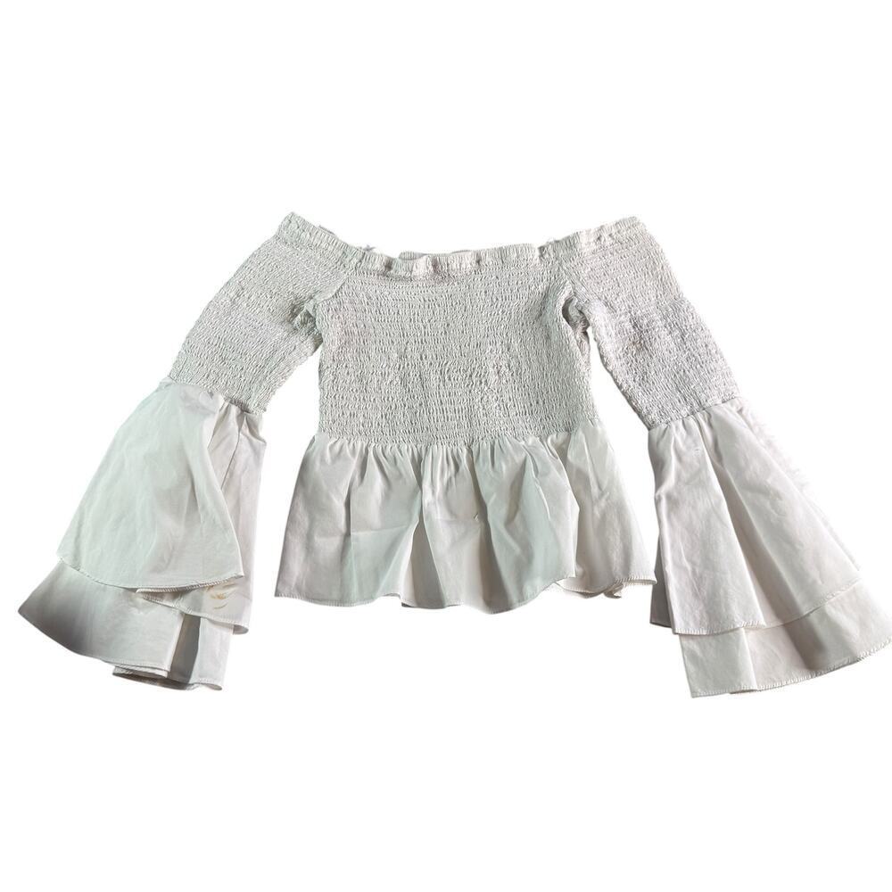 Amanda Uprichard Off Shoulder Smocked Top White Bell Sleeve Peplum XS